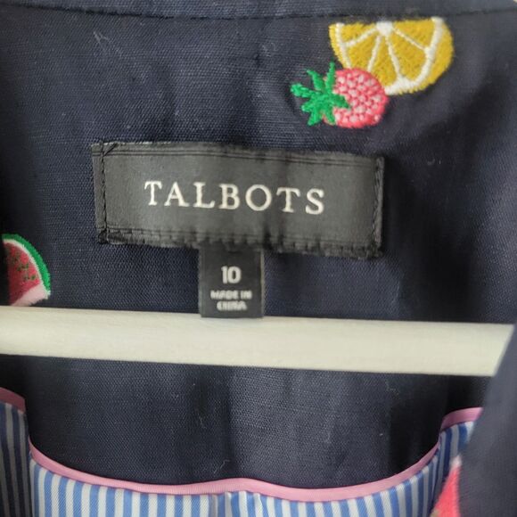 Talbots womens Embroidered Fruits Blazer size 10 linen blend navy 3/4 sleeve - Picture 6 of 7